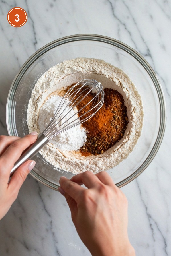Step 3: Whisking dry ingredients including flour and warm spices in glass bowl