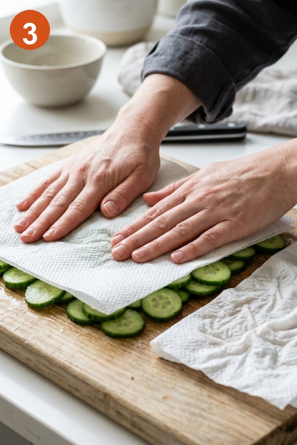 patting dry cucumber slices with paper towel technique