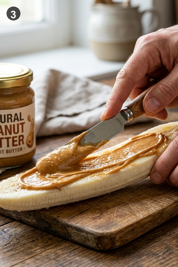 Step 3 - Spreading peanut butter on a banana half