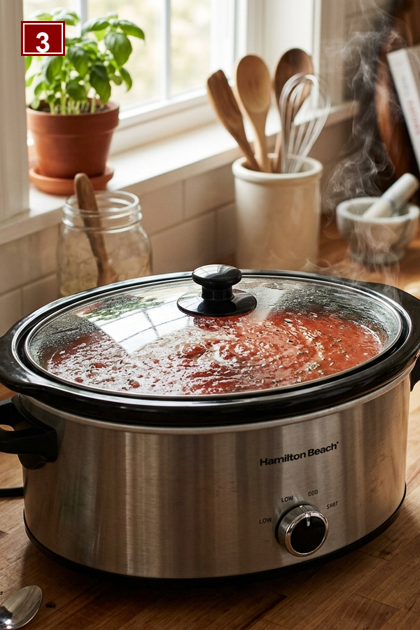 Step 3 slow cooker with lid on soup cooking low and slow