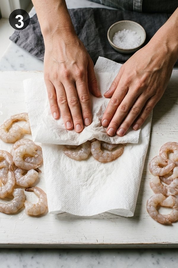 Patting raw shrimp completely dry with paper towels on cutting board
