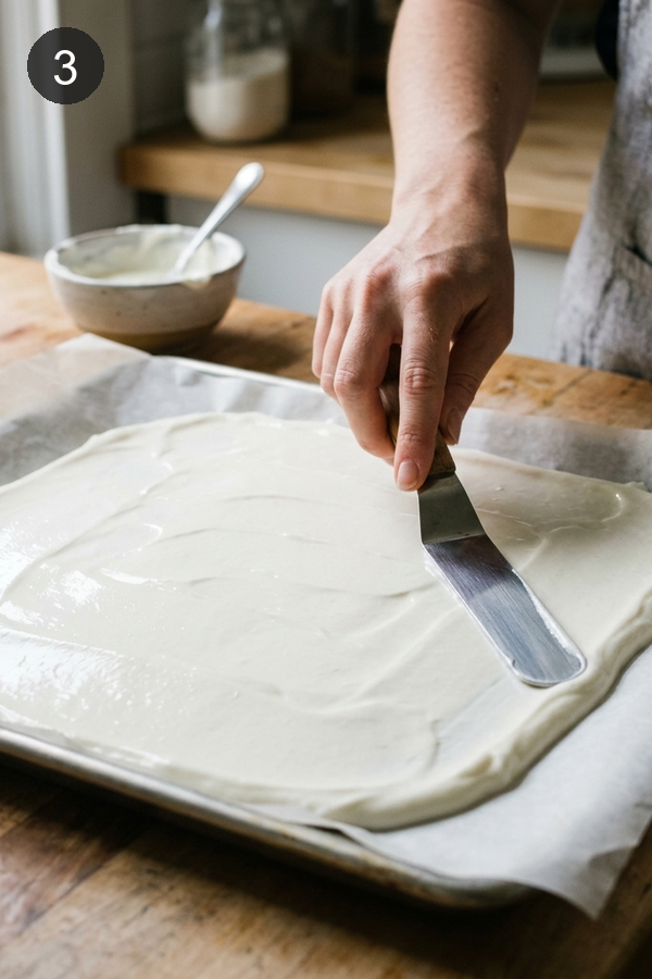 spreading yogurt thin on baking sheet for bark
