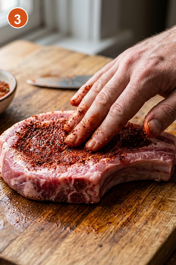 Step 3: Rubbing smoked paprika spice mix firmly onto raw pork chops on a cutting board