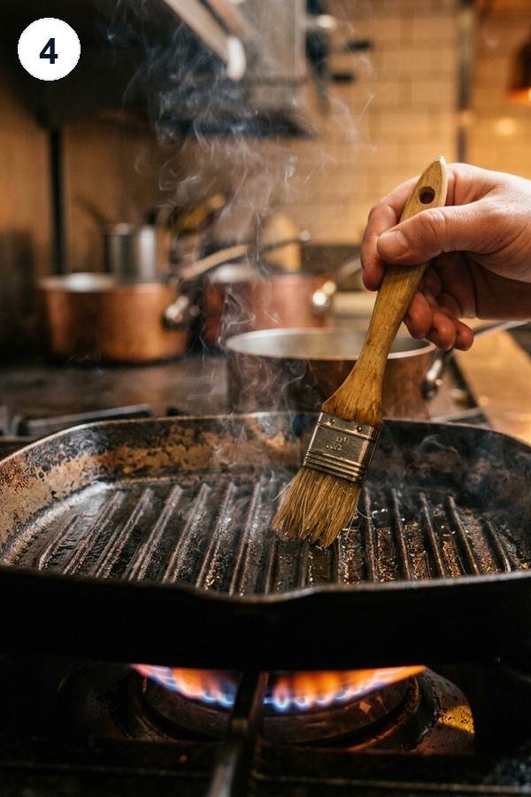 Brushing oil onto a hot cast iron grill pan before grilling chicken