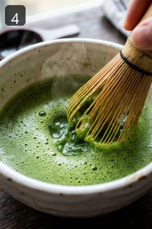 Step 4: Whisk ceremonial matcha powder with hot water in small bowl