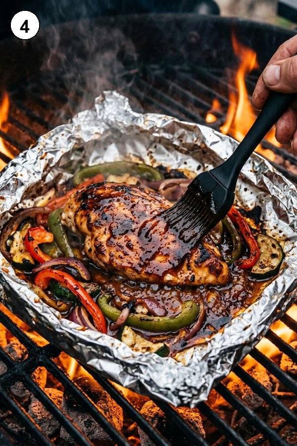 Brushing BBQ sauce on chicken foil pack char finish grill