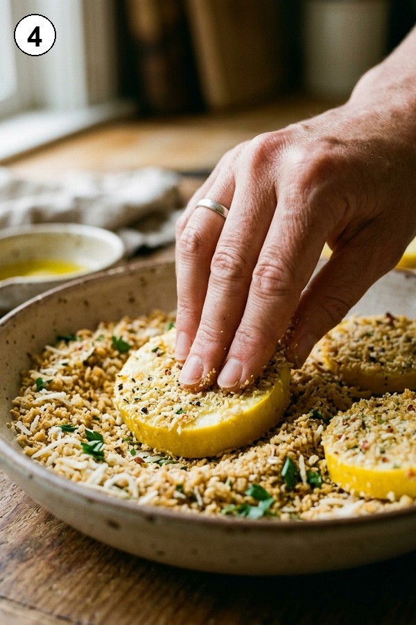 pressing yellow squash into parmesan coating