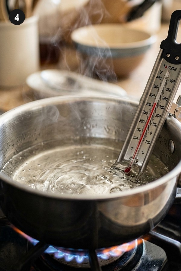 Step 4: Cook sugar syrup to 300 degrees Fahrenheit for tanghulu hard crack stage