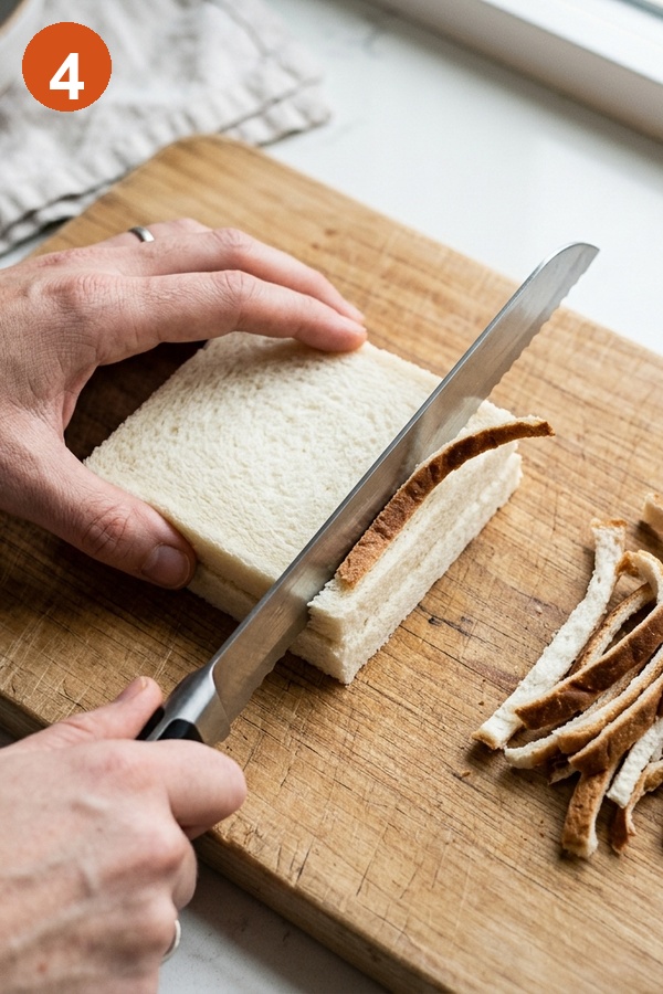 trimming crusts from white bread slices with serrated knife