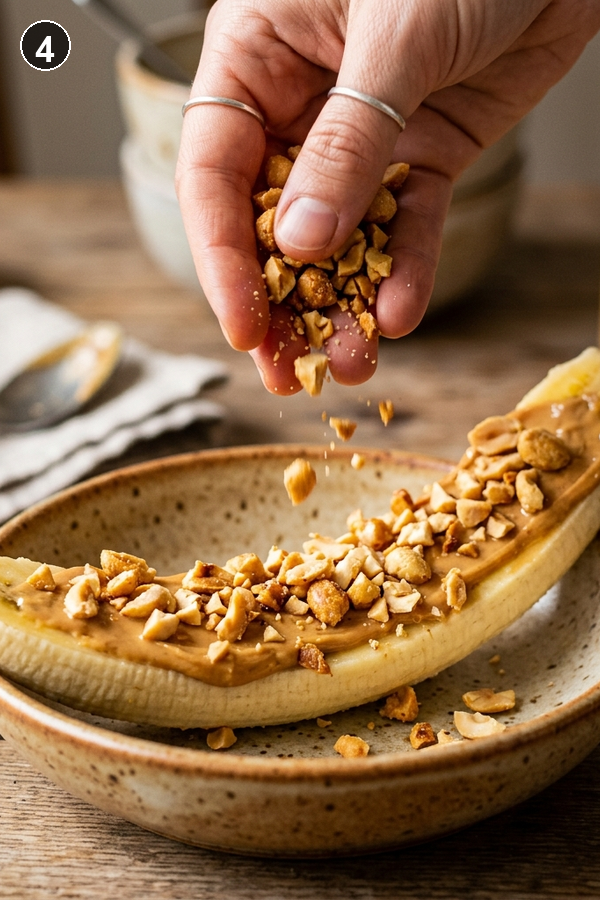 Step 4 - Sprinkling chopped peanuts over peanut butter on banana