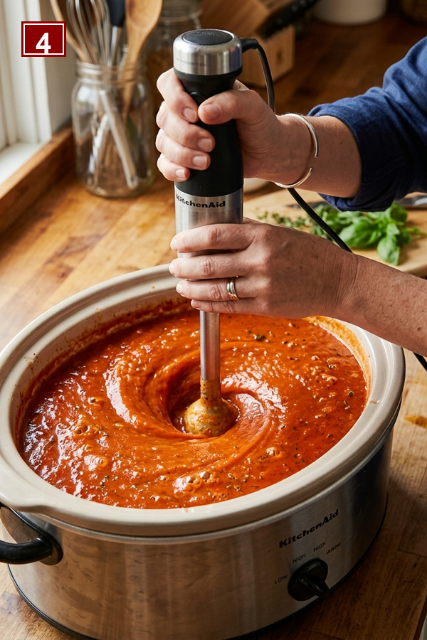 Step 4 using immersion blender to smooth the tomato base