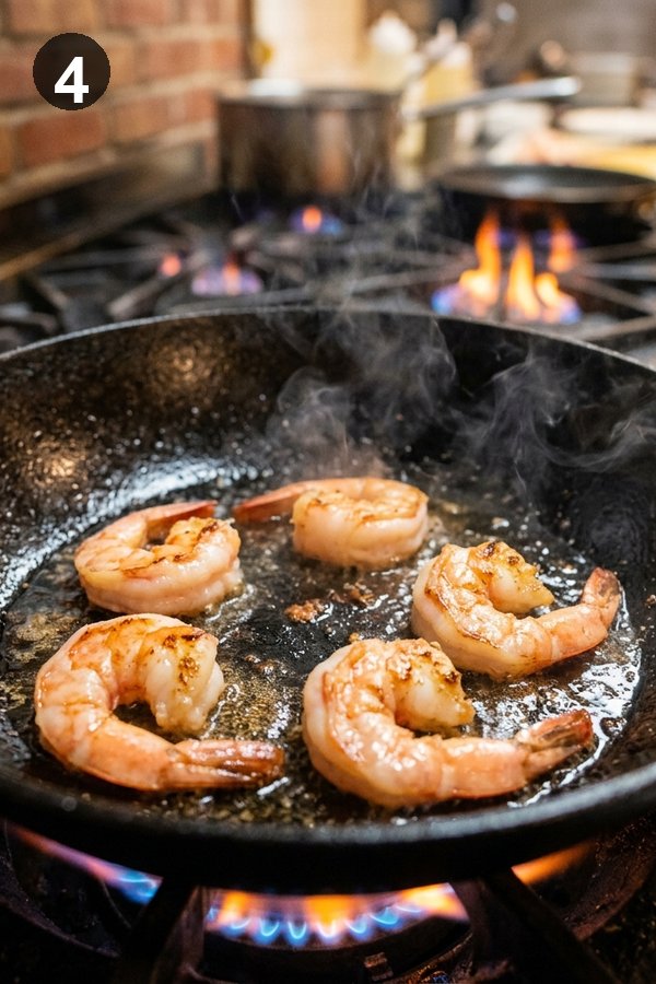 Searing shrimp in a single layer in a hot black wok