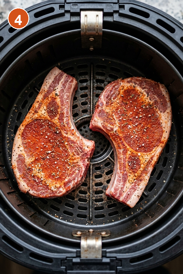 Step 4: Two seasoned pork chops placed in a single layer in black air fryer basket
