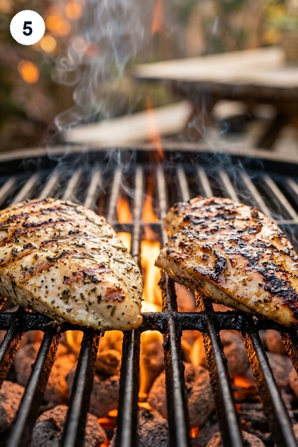 Chicken breasts grilling with beautiful grill marks forming on hot grates