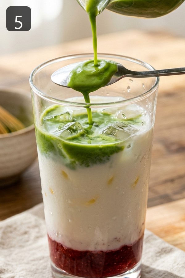 Step 5: Pour matcha slowly over spoon to create floating layer on strawberry matcha latte
