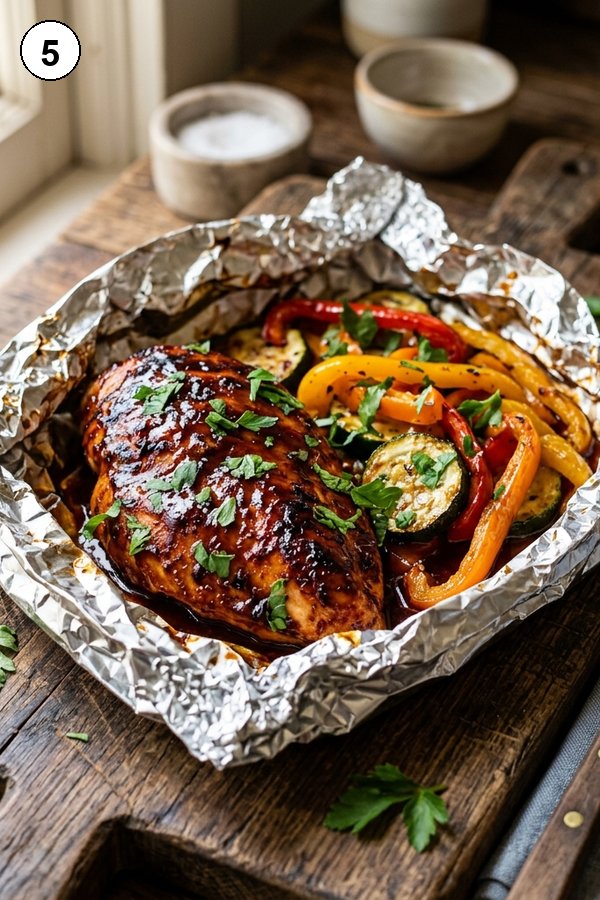 BBQ chicken foil packs open on wooden cutting board