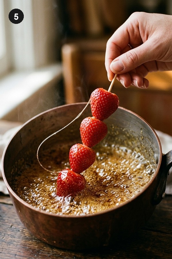 Step 5: Dip strawberry skewer into hot sugar syrup with swirling motion