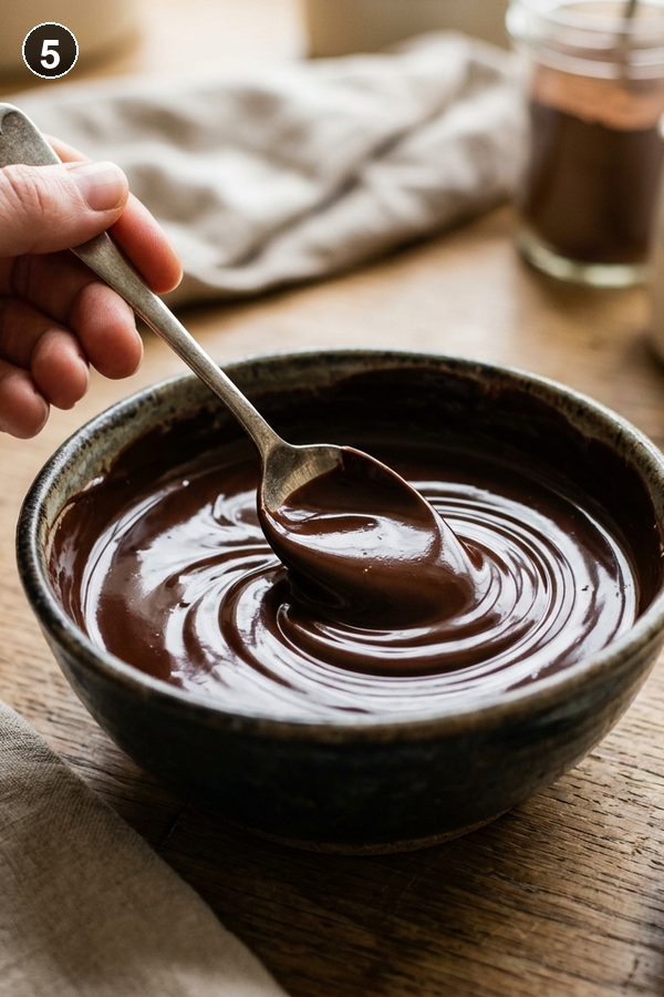 Step 5 - Melted dark chocolate in a bowl being stirred