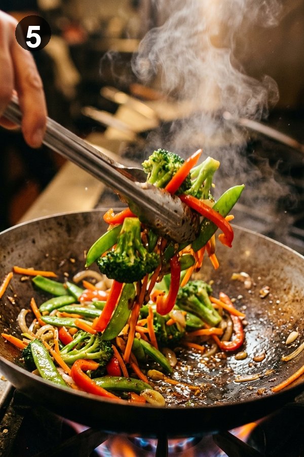 Stir frying broccoli, bell pepper, snap peas, and carrots in wok
