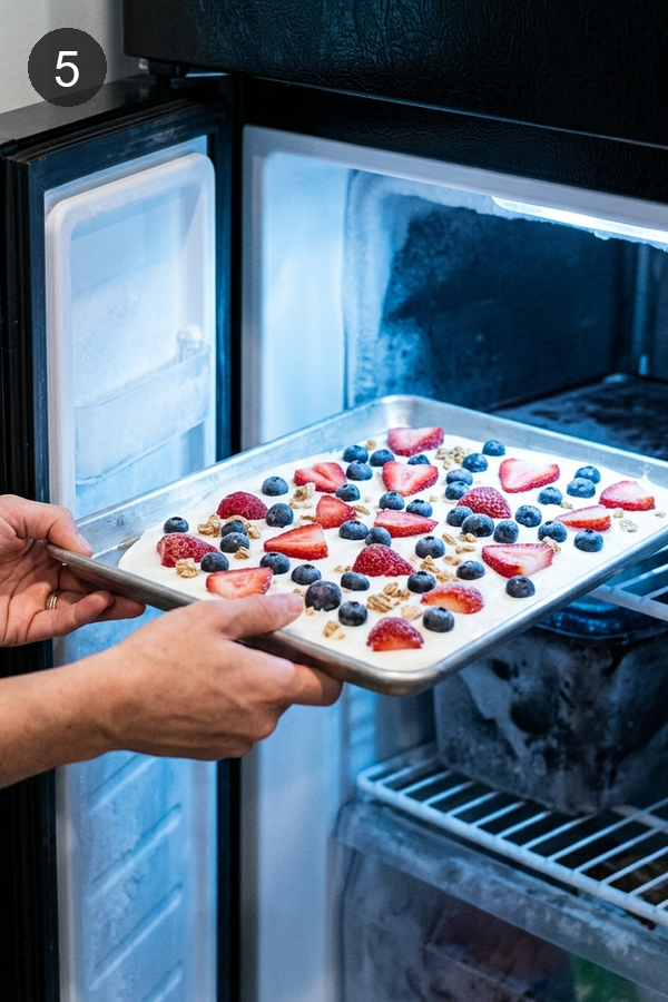 frozen yogurt bark pan going into freezer