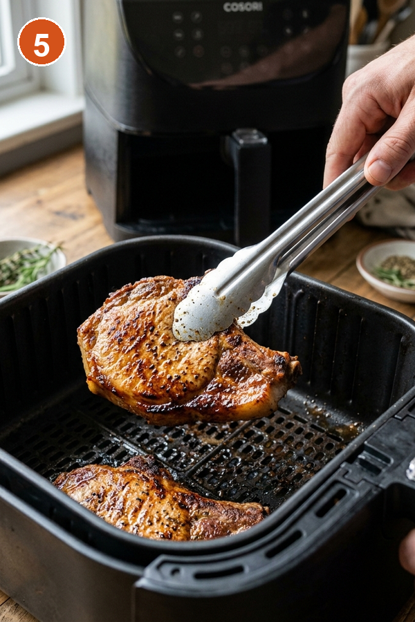 Step 5: Flipping golden-brown pork chops halfway through cooking in air fryer basket with metal tongs