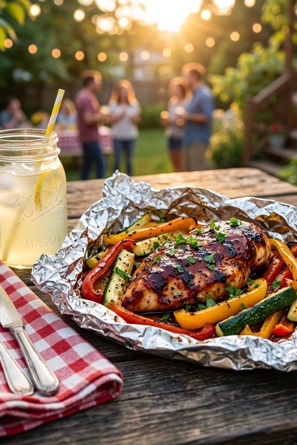 BBQ chicken foil packs served outdoors summer picnic table