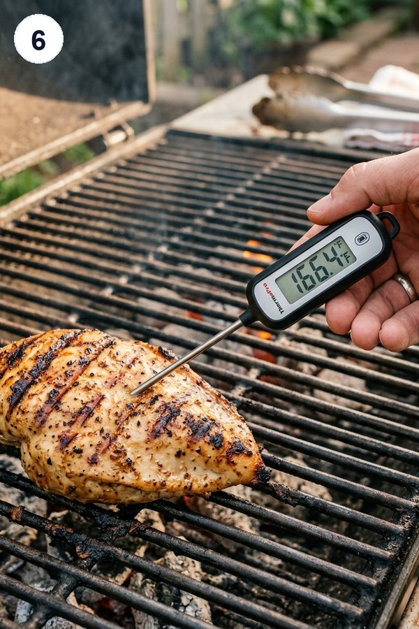 Checking grilled chicken temperature with an instant-read thermometer