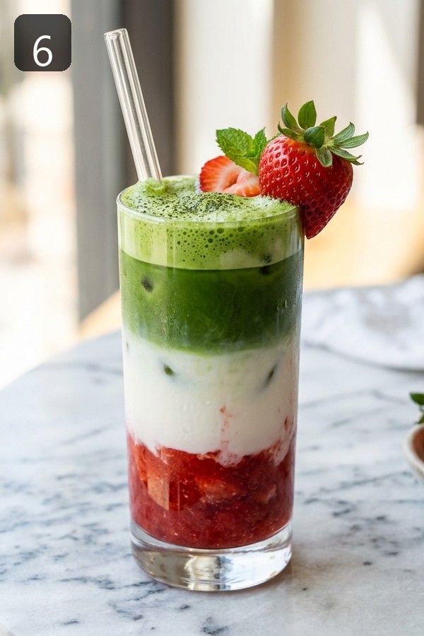 Step 6: Finished iced strawberry matcha latte with three distinct layers