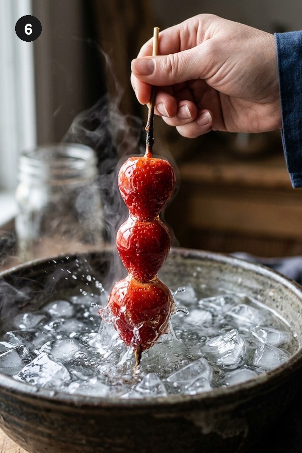 Step 6: Plunge coated skewer into ice water bath to harden candy shell