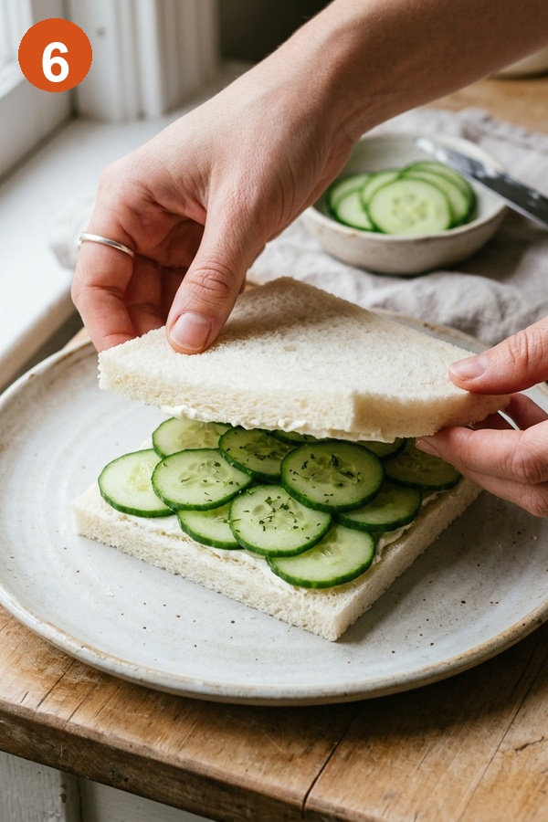 assembling cream cheese cucumber sandwich with crustless bread
