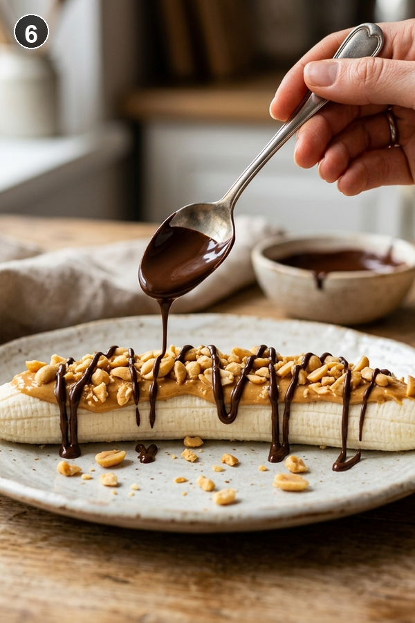 Step 6 - Drizzling chocolate over banana snickers with peanuts