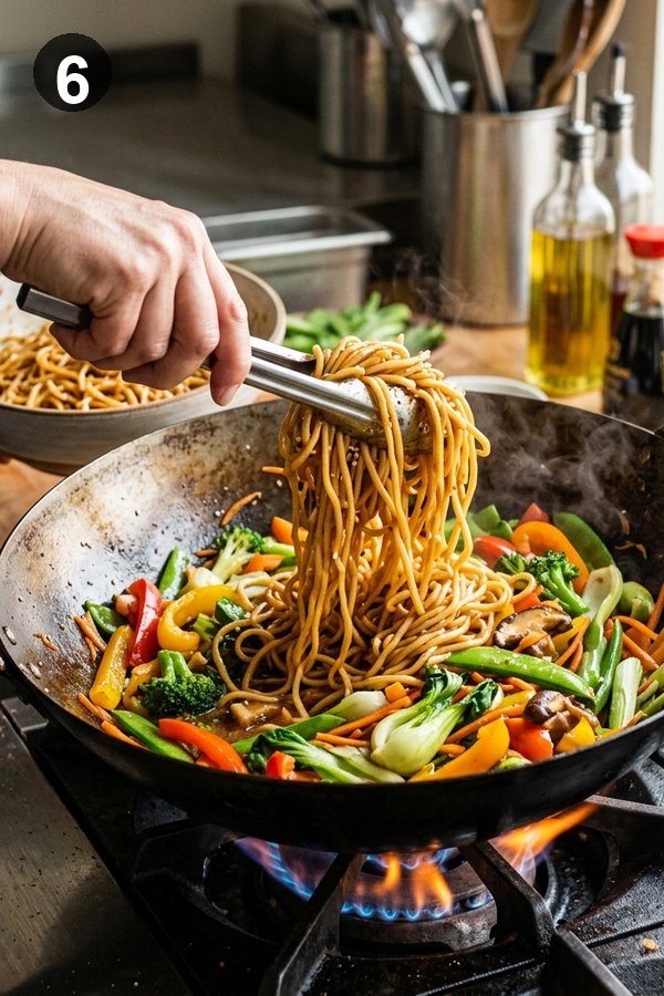 Adding cooked lo mein noodles to wok with colorful vegetables