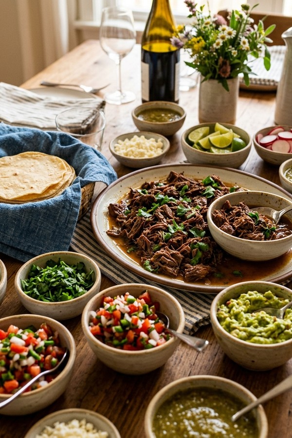 Beef barbacoa taco bar family dinner slow cooker meal