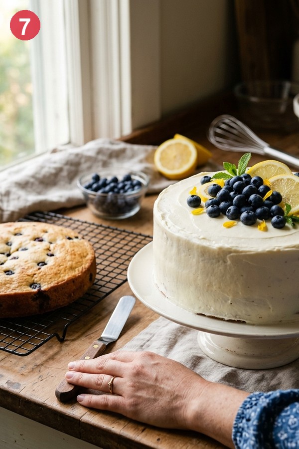 step 7 fully frosted lemon blueberry cake with blueberries on top
