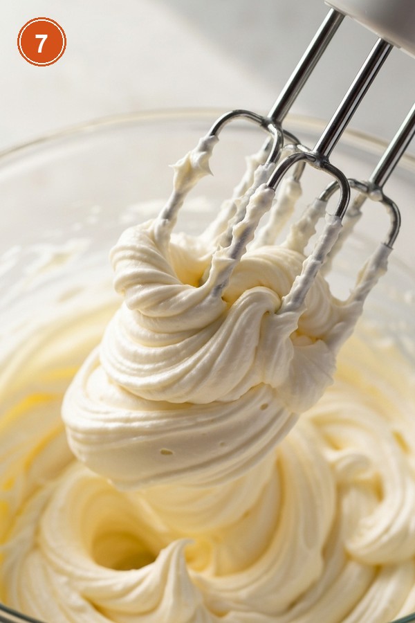 Step 7: Hand mixer beating cream cheese and butter into fluffy white frosting
