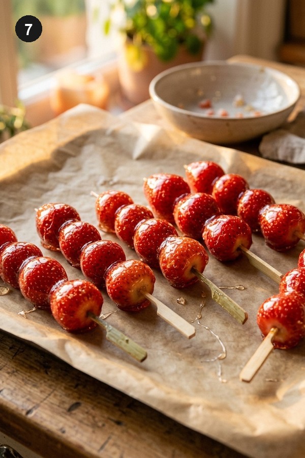 Step 7: Tanghulu skewers cooling on parchment paper with transparent candy shell