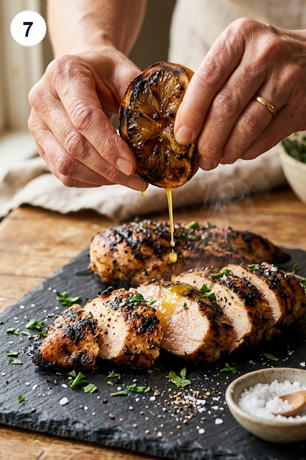 Squeezing charred lemon halves over sliced grilled lemon chicken on a cutting board