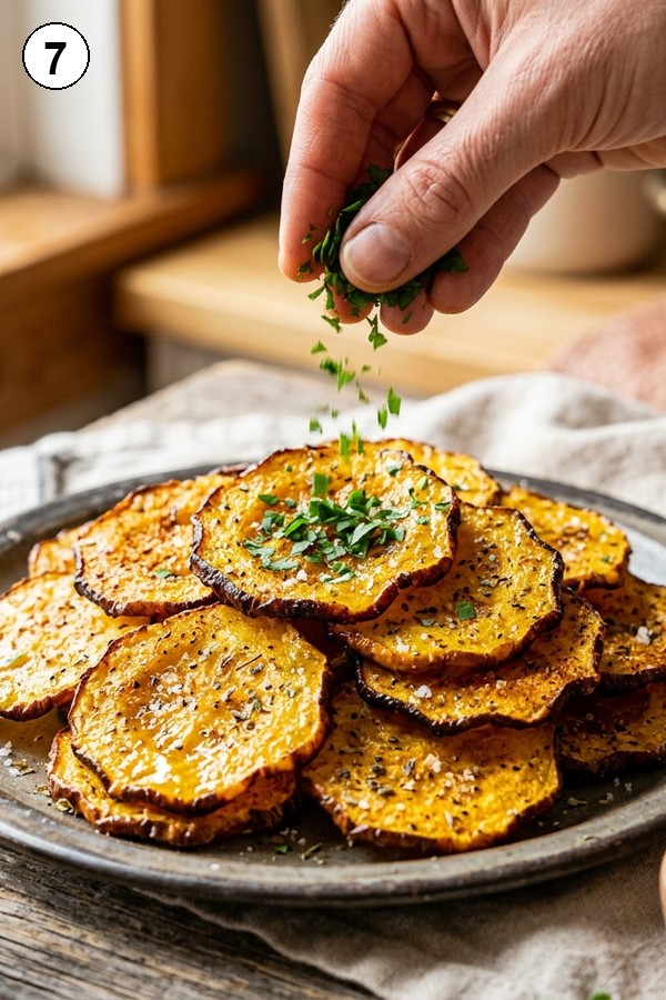 garnishing crispy baked yellow squash with parsley and lemon zest
