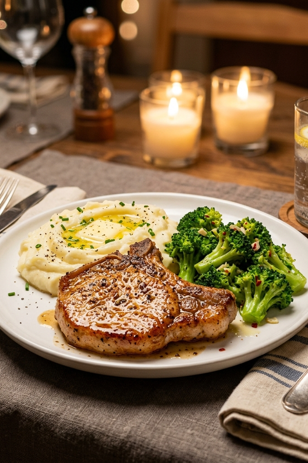 Plated dinner with juicy air fryer pork chop served with roasted broccoli and mashed potatoes