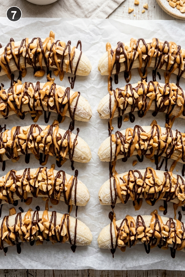 Step 7 - Frozen banana snickers on parchment paper with chocolate drizzle
