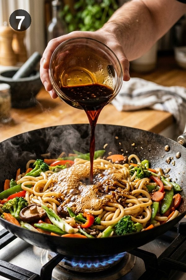 Pouring glossy stir fry sauce into center of hot wok
