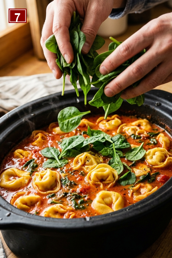 Step 7 stirring in fresh baby spinach at the end