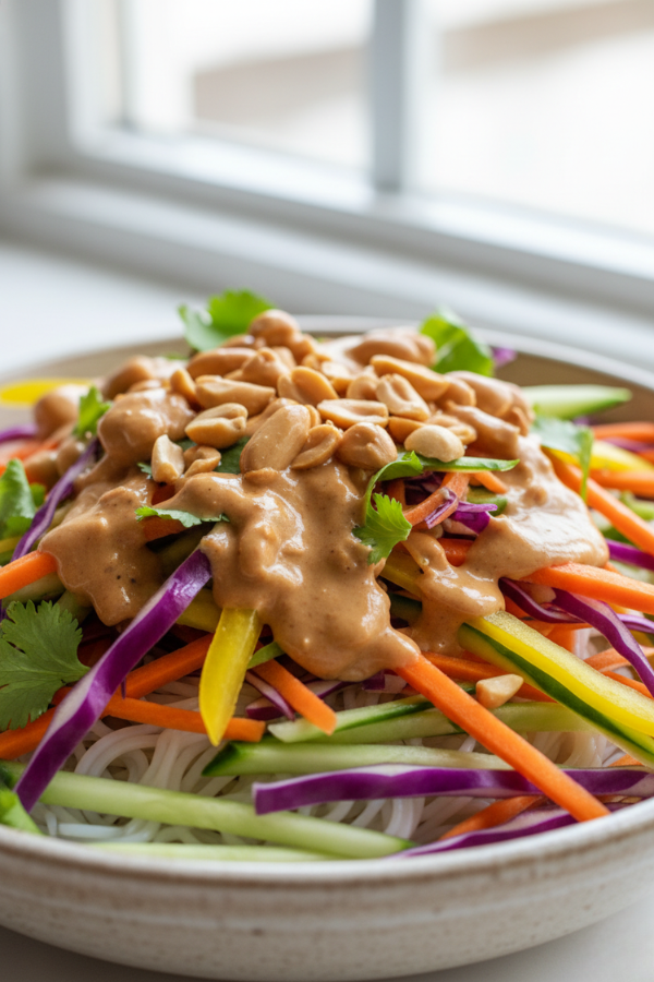 Thai noodle salad with peanut sauce served with fresh vegetables and herbs