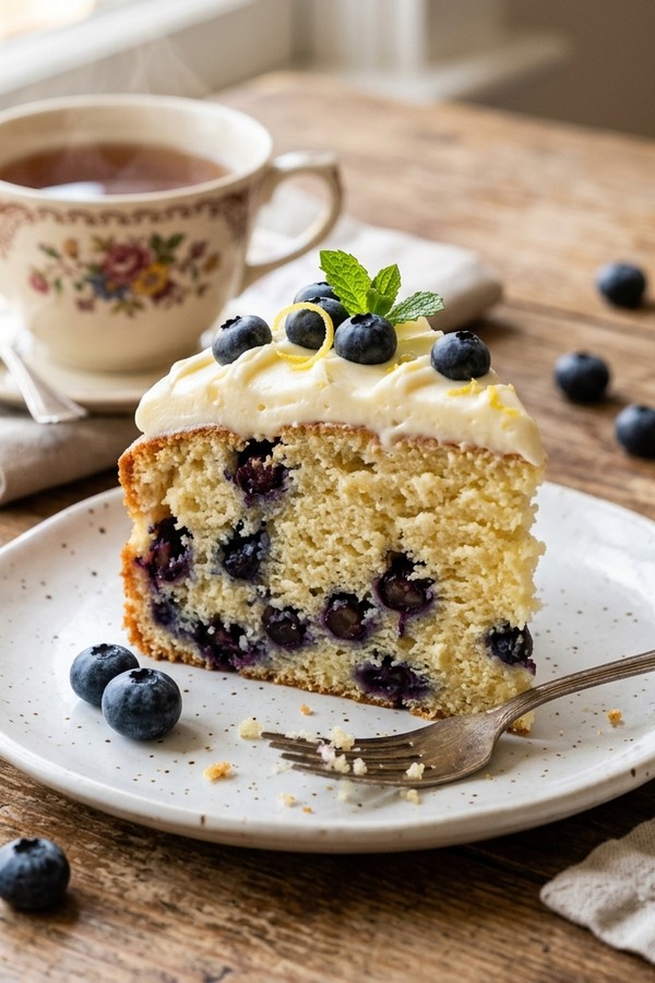 lemon blueberry cake slice showing moist crumb and evenly distributed blueberries