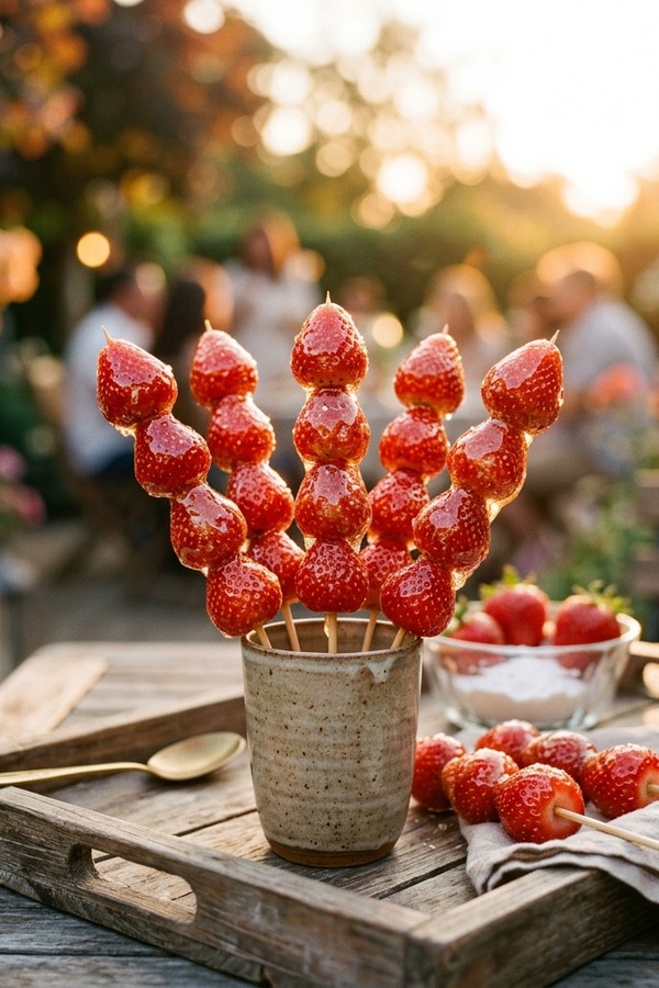 Tanghulu strawberry skewers served on wooden tray — lifestyle food photography