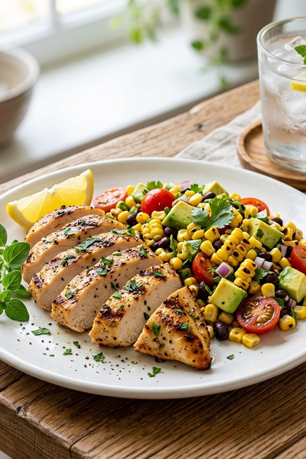 Grilled lemon chicken served on a white plate with summer corn salad and avocado