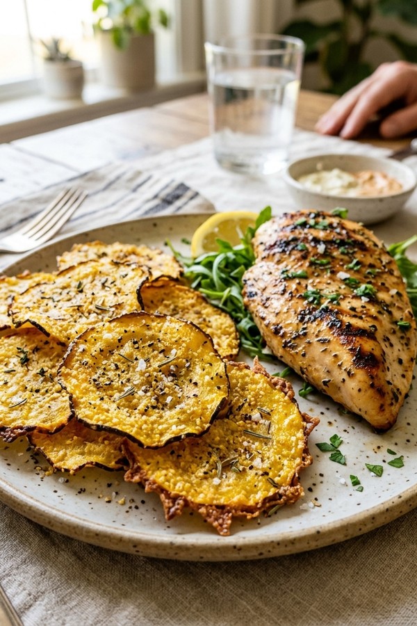 crispy baked yellow squash served with grilled chicken