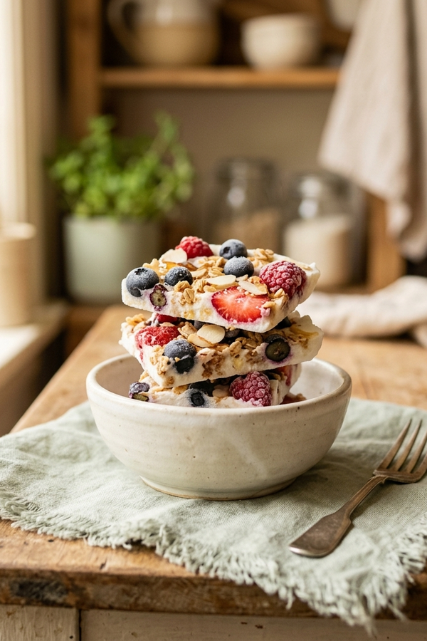 frozen yogurt bark with berries served in ceramic bowl
