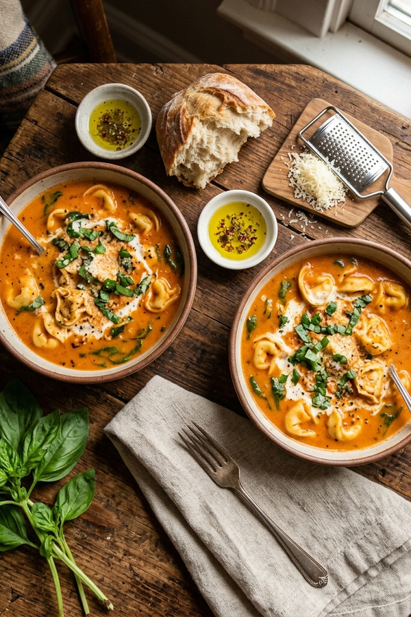 Crockpot creamy tomato tortellini soup served