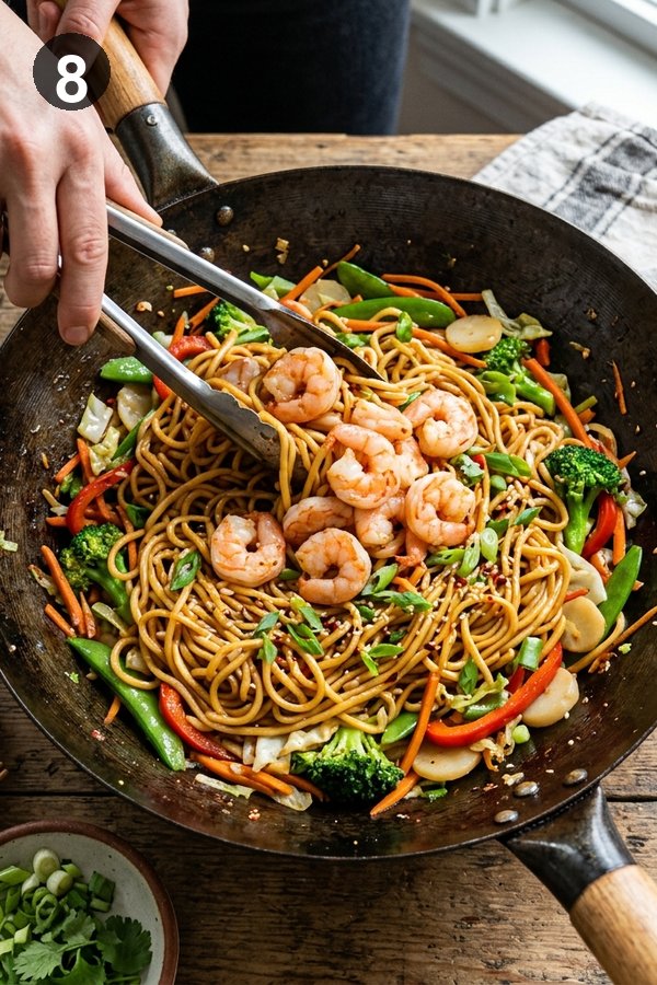 Folding cooked shrimp back into noodle stir fry off the heat